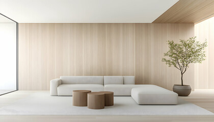 Fototapeta premium Relaxing in bright, modern living room with neutral colors, minimalist decor, tree. Generative AI