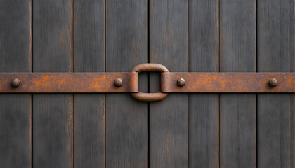 Rustic wood door close-up; weathered metal hinge. Old, vintage look. Background. Generative AI