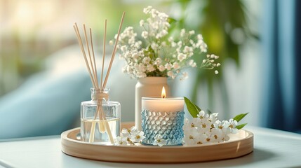 Aromatherapy and cozy home decor combine in this image of a diffuser, candle, flowers, and perfume on a tray. The fresh spring scent and calming atmosphere create a relaxing and comfortable space.