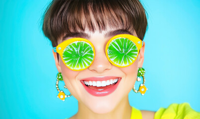 Bright and cheerful young woman wearing colorful fruit-themed sunglasses, smiling joyfully against a vibrant blue background, exuding summer vibes and fun energy