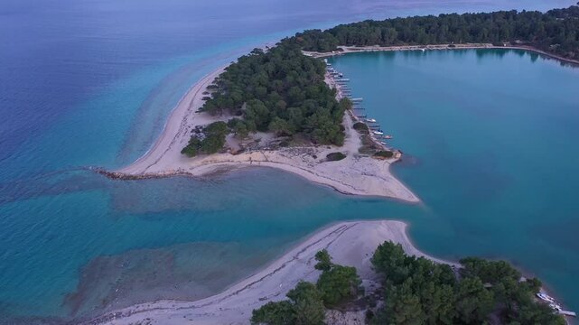 Aerial view of Glarokavos beach in Kassandra peninsula. Chalkidiki, Greece