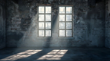 Obraz premium Sunlight streaming through dusty windows in an abandoned brick room, creating shadows on the floor