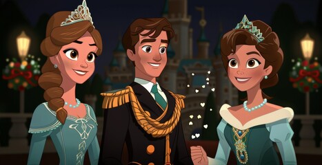Cartoon-style royal characters smiling in elegant attire with castle background. Features two princesses and one prince. Highlights friendship, royalty, and joy in a fairy-tale kingdom setting...
