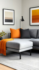Stylish couch with pillows in a home interior for living space ads, web use. Generative AI
