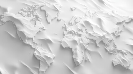3D world map illustration in relief style with soft edges and a futuristic look. Monochromatic white world map in modern and minimalist style.