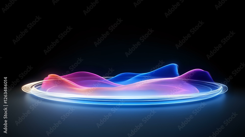 Aufkleber glowing neon waves create abstract light trails on dark background, vibrant pink and blue colors for