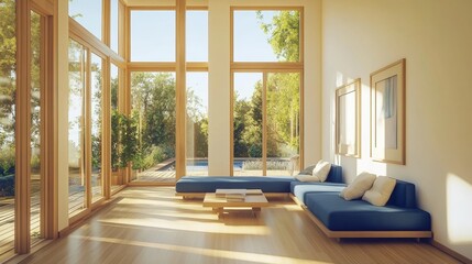 Fototapeta premium White living room interior with a wooden floor, loft windows, a blue sofa, a coffee table and a framed vertical poster on a white wall. 3d rendering mock up