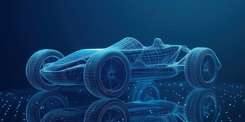 Futuristic race car rendered in dynamic 3D wireframe, with deep-blue grid patterns creating intricate depth. Sleek design conveys motion and advanced technology