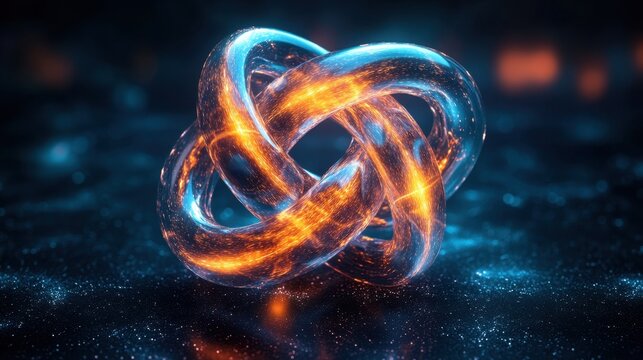 Abstract transparent glass knot with neon orange and arctic teal lines on a glowing navy background, 3D rendering illustration of futuristic abstract