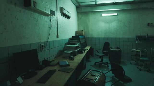 The small office features a large desk covered in papers, two empty chairs, and a muted air conditioning unit. The walls emit a sense of neglect with their worn appearance.