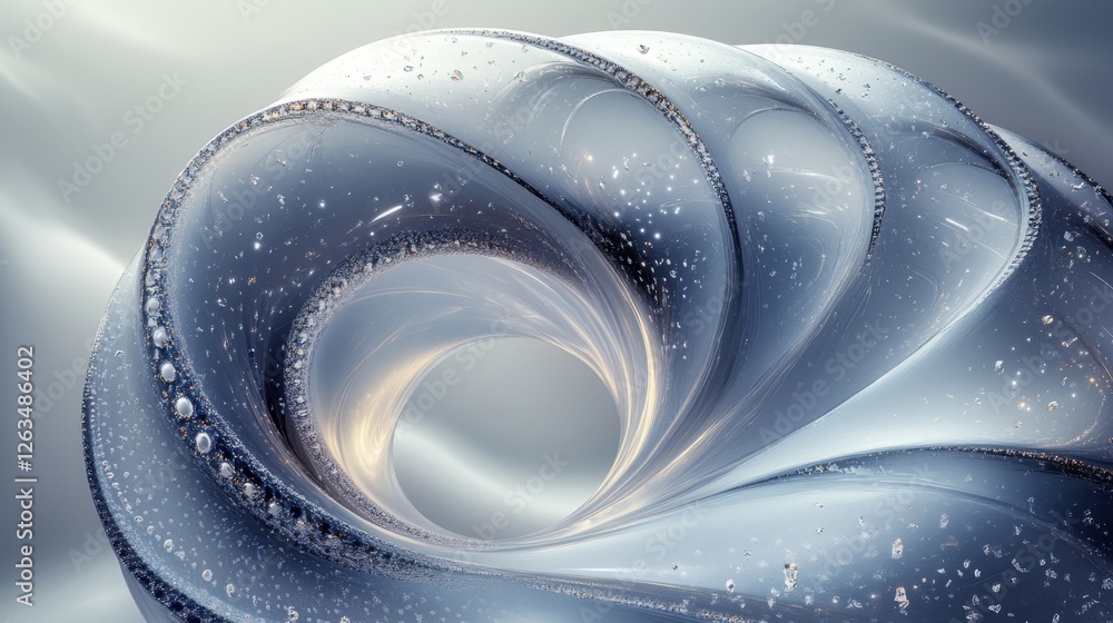 Poster abstract transparent glass spiral with prismatic and pearl white lines on a midnight gray background