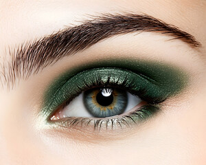 Obraz premium Woman's eye with green eyeshadow. Cosmetic product for beauty blog or makeup tutorials. Generative AI