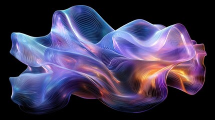 Fototapeta premium Abstract transparent glass wave with electric violet and pastel cyan lines on a matte black background, 3D rendering illustration of futuristic abstract shape with holographic element