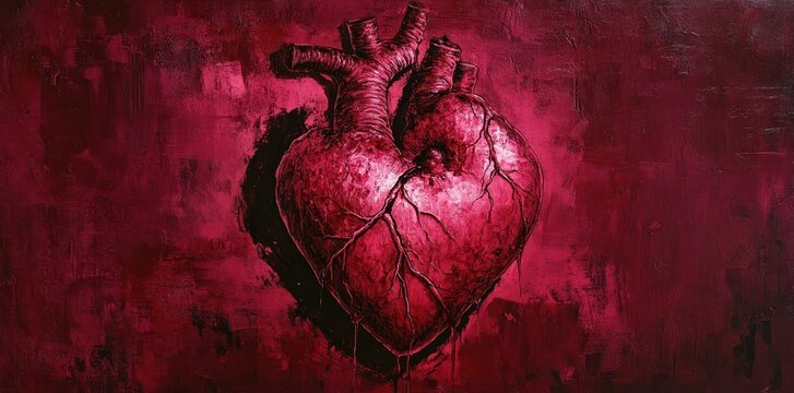 An anatomical heart is presented against a dark red background