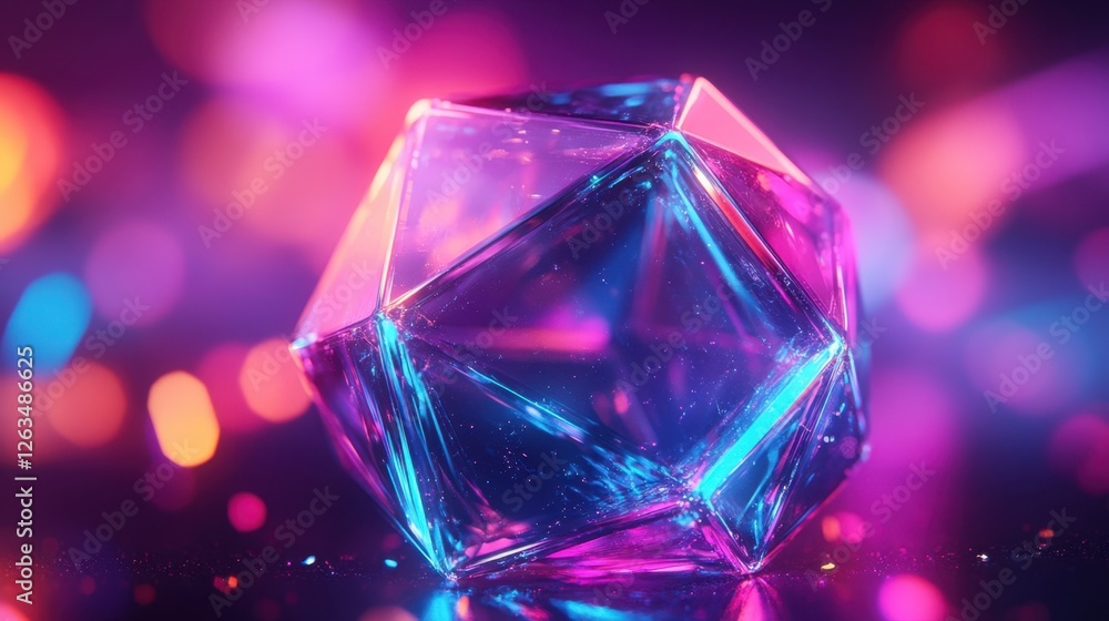 Poster abstract transparent glass octahedron with ultraviolet and turquoise lines on a cosmic purple backgr