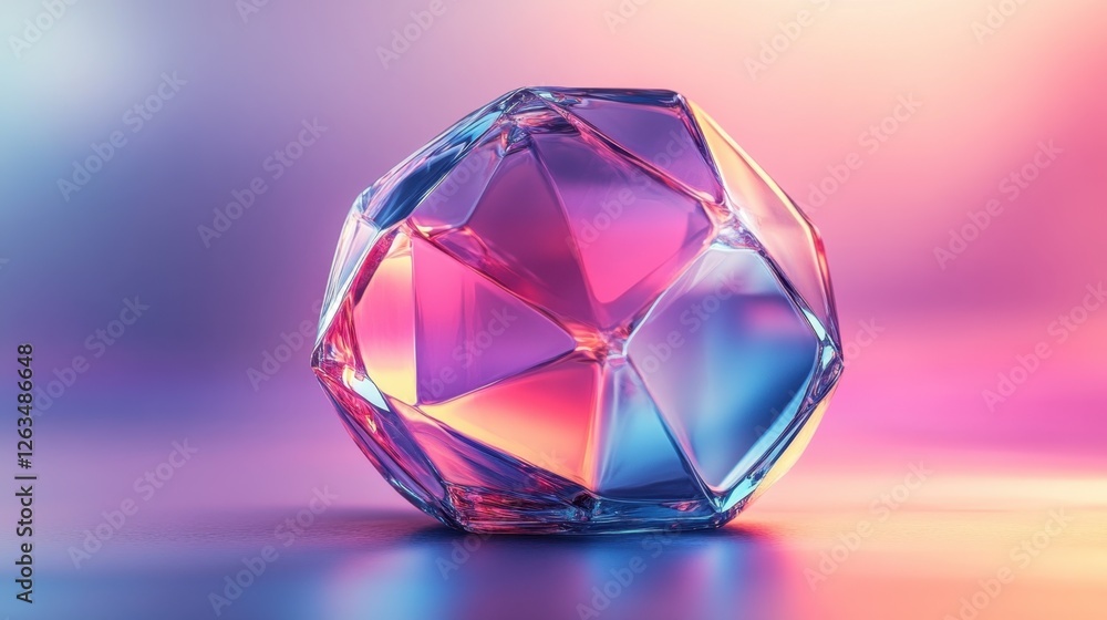 Aufkleber abstract transparent glass dodecahedron with ruby red and sapphire blue lines on a soft lavender bac