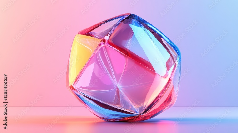 Poster abstract transparent glass dodecahedron with ruby red and sapphire blue lines on a soft lavender bac