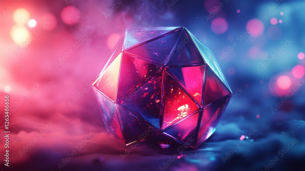 Poster abstract transparent glass dodecahedron with ruby red and sapphire blue lines on a soft lavender bac