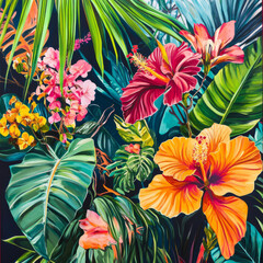Naklejka premium A colorful tropical plant illustration with oversized jungle leaves, hibiscus, and orchids. Rich emerald greens, bright corals, and deep indigo shades create a vibrant, modern botanical aesthetic