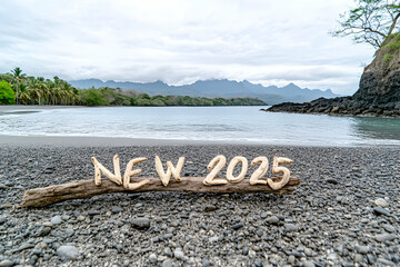 2025 New Year celebration on a beach of rocks and palms on a cloudy day. Generative AI