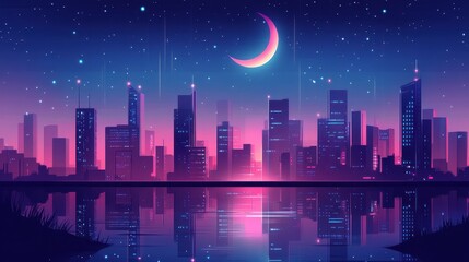Naklejka premium Futuristic cityscape reflects in serene water under a crescent moon