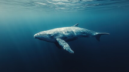 Fototapeta premium Solitary whale gliding through clear waters with hidden dangers in view