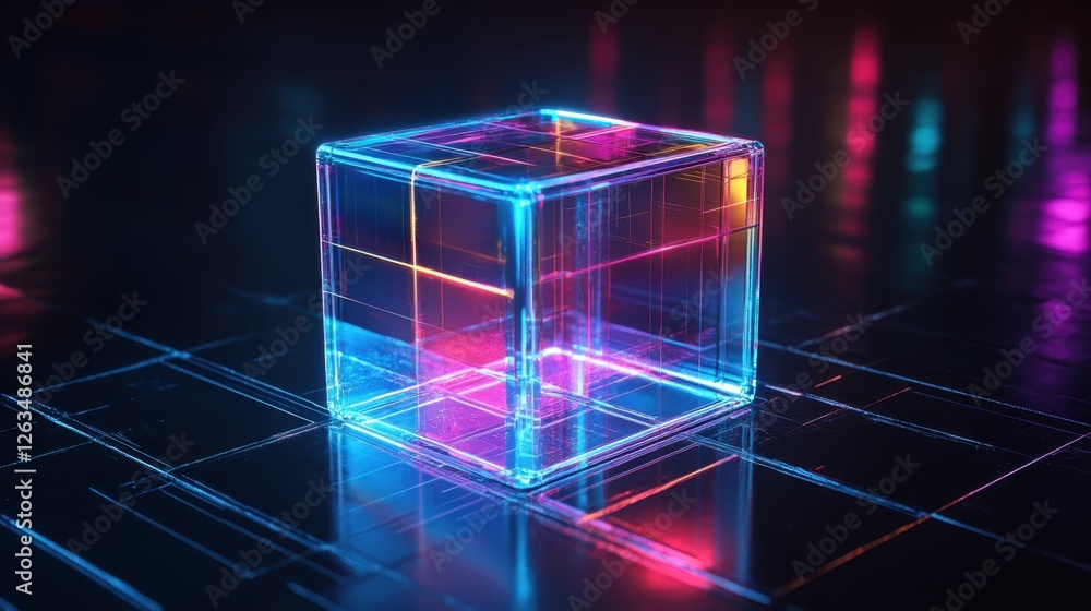 Poster abstract transparent glass cube with cyan and magenta lines on a deep black background, 3d rendering