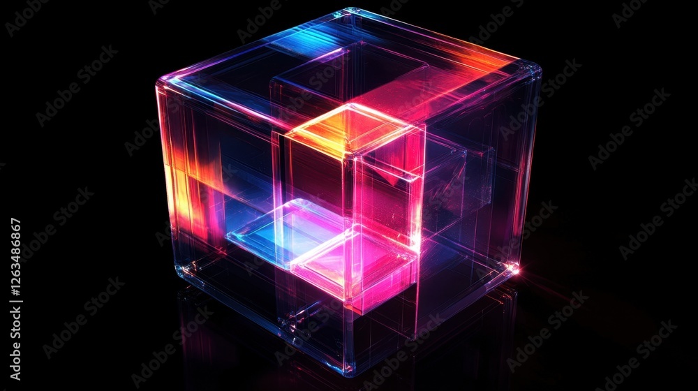 Poster abstract transparent glass cube with cyan and magenta lines on a deep black background, 3d rendering