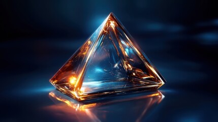 A triangular glass object with a blue background. The object is illuminated with a warm, orange glow