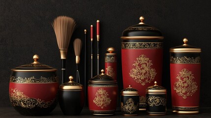 Artistic red and black decorative containers studio setting product photography elegant design close-up aesthetic appeal