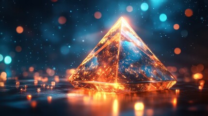 Abstract transparent glass pyramid with gold and silver lines on a midnight blue background, 3D rendering illustration