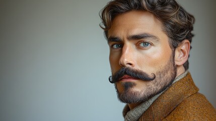 Sophisticated man with waxed mustaches in fitted blazer on white background