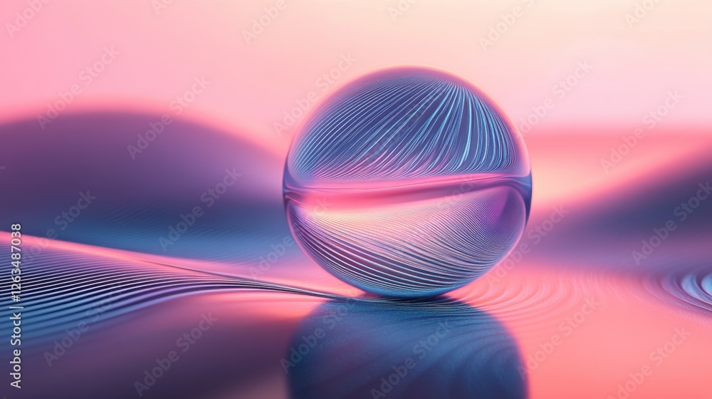 Poster abstract transparent glass hyper-realistic orb with smoothly undulating spectral lines on an atmosph