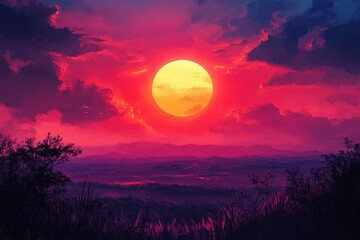 Obraz premium Vibrant sunset paints a landscape with dramatic and colorful hues