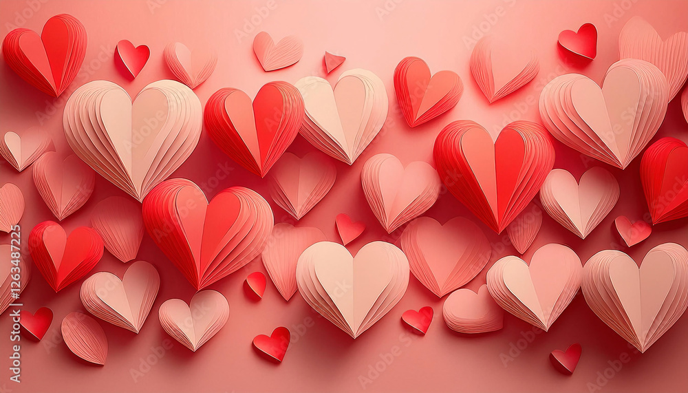 Poster a collection of layered paper hearts in shades of red and pink, creating a 3d effect against a soft 