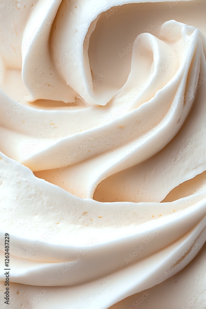 Poster creamy white whipped texture with soft swirls and curves creating an abstract pattern, macro photogr