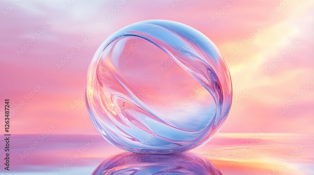 Poster abstract transparent glass molecular orb with soft shifting arcs on an infinite reflective backgroun