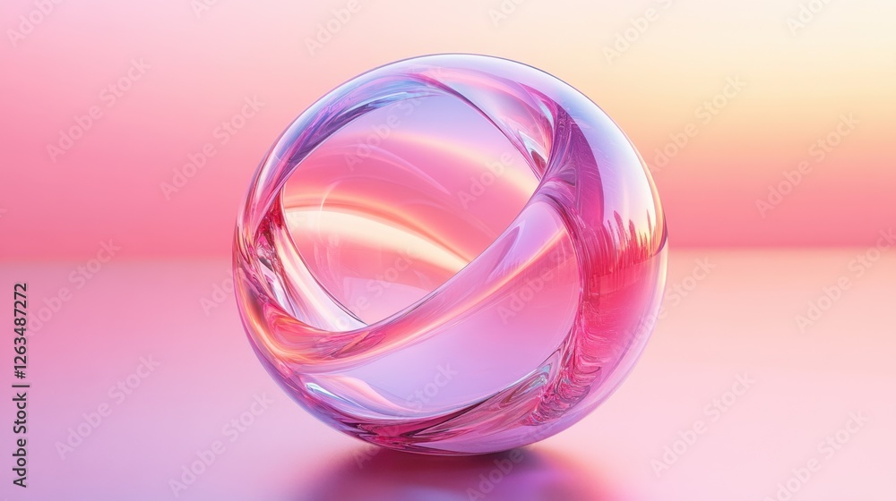 Poster abstract transparent glass molecular orb with soft shifting arcs on an infinite reflective backgroun