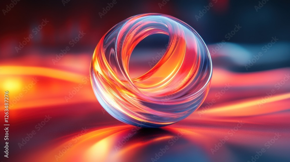 Poster abstract transparent glass molecular orb with soft shifting arcs on an infinite reflective backgroun