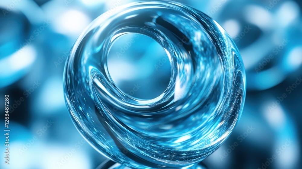 Poster abstract transparent glass molecular orb with soft shifting arcs on an infinite reflective backgroun