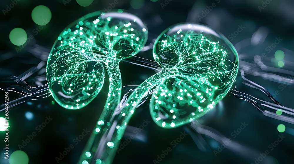 Poster glowing green fern fiddleheads unfurling against dark background with bokeh lights, macro nature pho