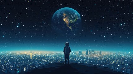 Boy overlooks futuristic city with earth in starry night sky
