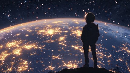Obraz premium Astronaut stands silhouetted against a backdrop of Earth and stars