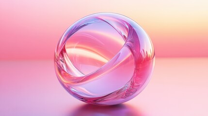 Fototapeta premium Abstract transparent glass molecular orb with soft shifting arcs on an infinite reflective background, 3D rendering illustration of futuristic abstract shape
