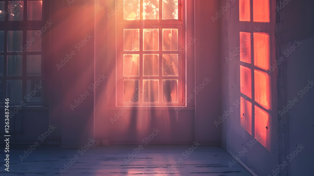 Aufkleber sunlight streaming through dusty windows in an empty room, creating a warm atmosphere