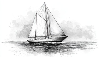 A hand-drawn black ink illustration of a large sailboat on a white background with ample copy space, perfect for nautical-themed designs.