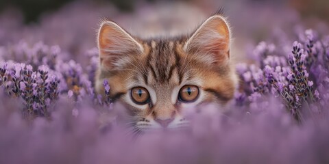 Curious cat peeking through lavender field