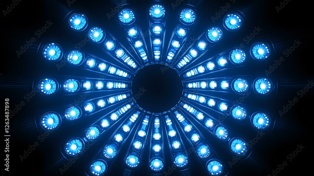 Poster glowing blue neon lights arranged in circular radial pattern on black background creating futuristic