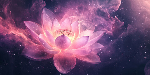 Obraz premium A glowing cosmic lotus flower forming within a nebula, with delicate petal-like gaseous formations radiating soft lavender and pink hues.