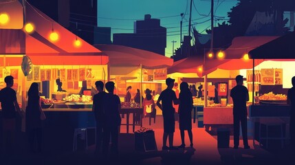 Night market stalls are bustling with customers and vibrant lights